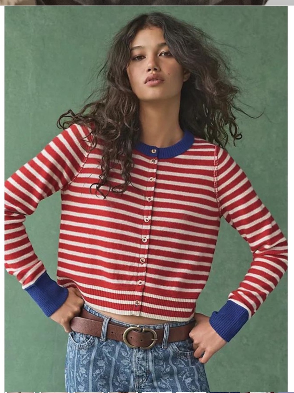 NWT Free People Red & White Striped Cardigan with Blue Trim Sz xl